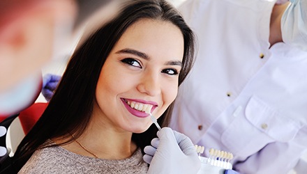 Woman's smile compared with tooth color chart